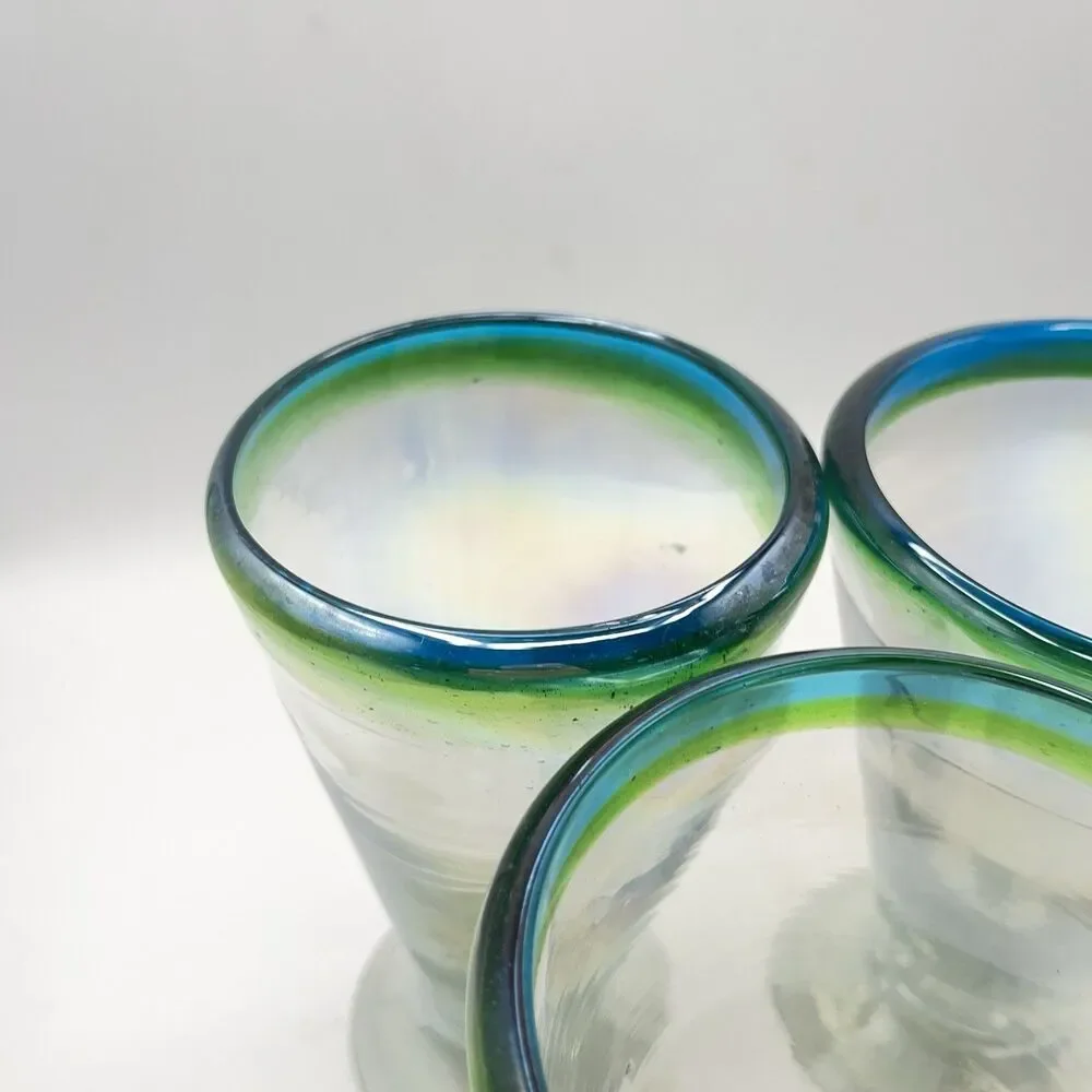 Three Hand Blown Stemware V-Shaped Glasses All Iridescent Green & Blue Band